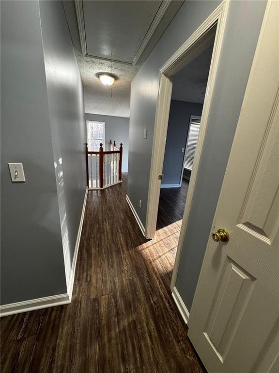 hallway featuring a textured ceiling and dark wood-type flooring