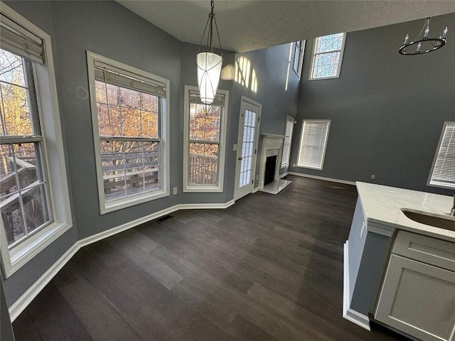 unfurnished dining area with plenty of natural light, dark hardwood / wood-style floors, sink, and a high end fireplace