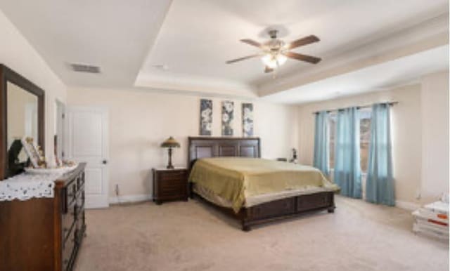 carpeted bedroom featuring a tray ceiling and ceiling fan