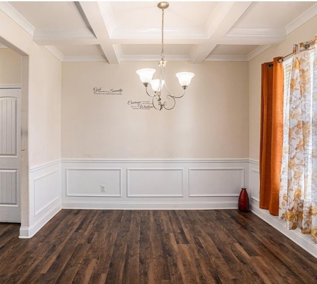 unfurnished room with beam ceiling, a chandelier, and dark wood-type flooring