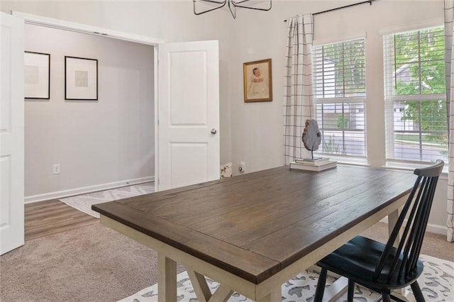 carpeted dining space with a healthy amount of sunlight and baseboards