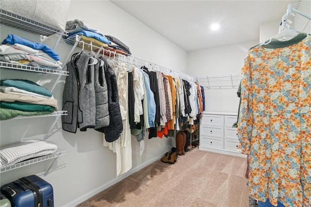 walk in closet with light carpet
