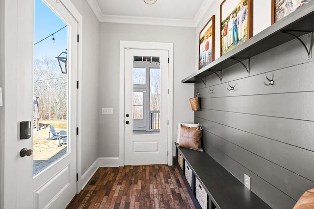 mudroom with crown molding, dark hardwood / wood-style flooring, and a wealth of natural light