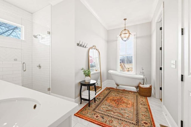 bathroom featuring plus walk in shower and a notable chandelier