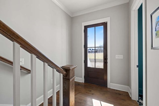 foyer entrance featuring ornamental molding and dark hardwood / wood-style flooring