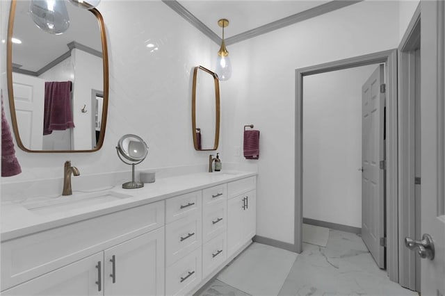 208 Wade Creek Rd, Alpharetta, GA 30009 - bathroom featuring marble finish flooring, double vanity, ornamental molding, and baseboards