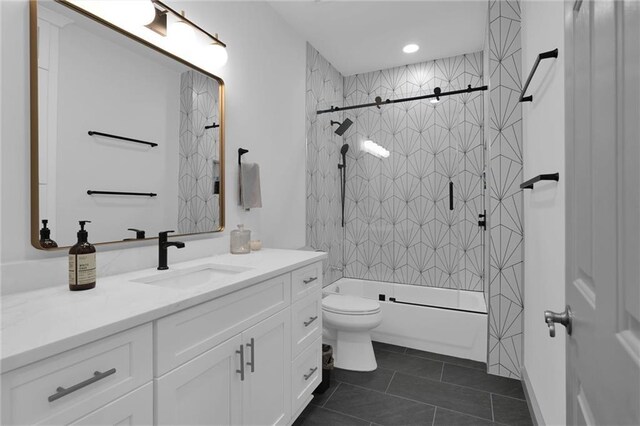 208 Wade Creek Rd, Alpharetta, GA 30009 - bathroom featuring vanity, toilet,  shower combination, tile patterned flooring, and recessed lighting