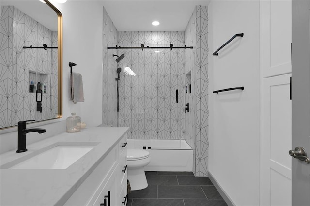 208 Wade Creek Rd, Alpharetta, GA 30009 - bathroom with vanity, tile patterned floors, toilet, and combined bath / shower with glass door