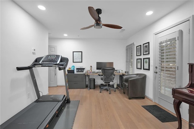 208 Wade Creek Rd, Alpharetta, GA 30009 - workout room with light wood-style floors, ceiling fan, and recessed lighting