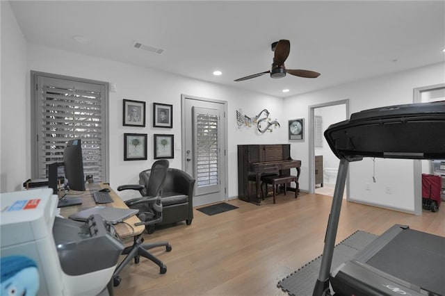 208 Wade Creek Rd, Alpharetta, GA 30009 - exercise area with a ceiling fan, wood finished floors, and recessed lighting