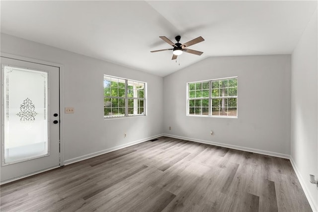 60 Weeping Willow Ln, Dawsonville, GA 30534 - unfurnished room featuring a ceiling fan, wood finished floors, lofted ceiling, and baseboards