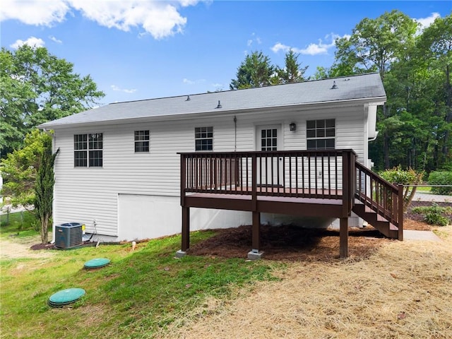 60 Weeping Willow Ln, Dawsonville, GA 30534 - back of property with cooling unit, a wooden deck, and a lawn