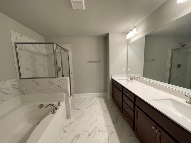 bathroom with a shower stall, marble finish floor, baseboards, visible vents, and a garden tub