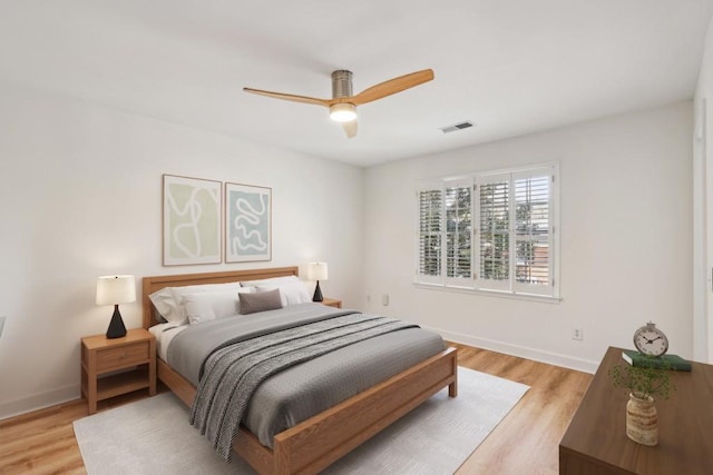 bedroom with ceiling fan and light wood-type flooring