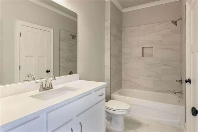 bathroom with toilet, vanity, shower / bathing tub combination, marble finish floor, and ornamental molding