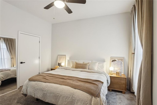 bedroom featuring carpet flooring and a ceiling fan