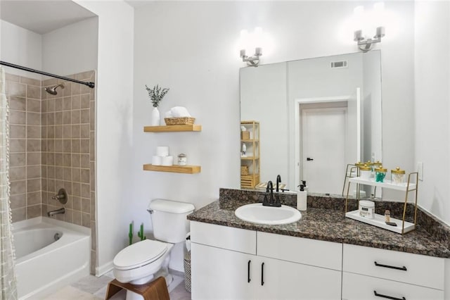 bathroom with visible vents, toilet, shower / bath combination with curtain, baseboards, and vanity