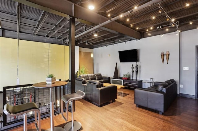 living room featuring rail lighting and wood finished floors