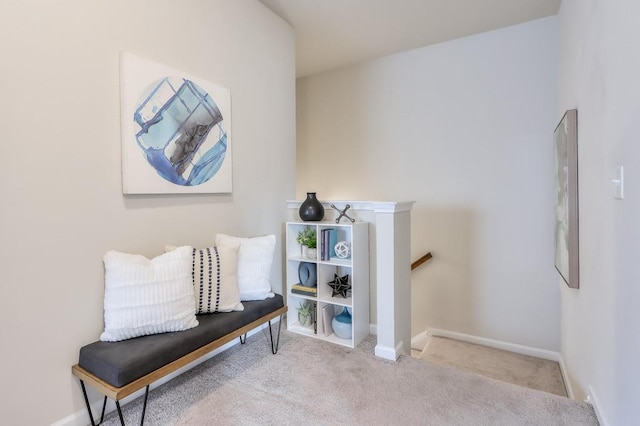 sitting room with light colored carpet