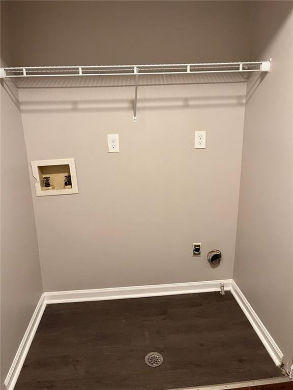 laundry room with dark wood-style floors, electric dryer hookup, baseboards, and washer hookup