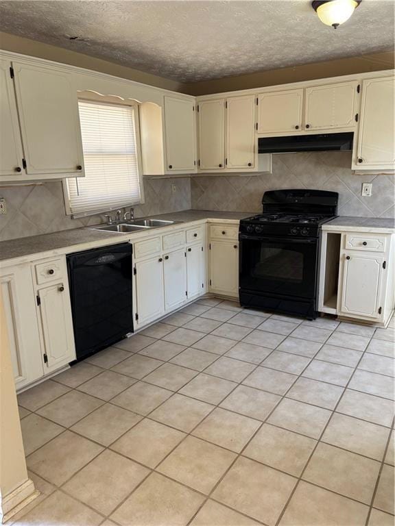 kitchen featuring a sink, decorative backsplash, black appliances, light countertops, and under cabinet range hood