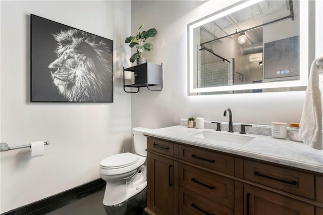 bathroom with toilet, vanity, a shower, and concrete floors