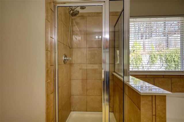 bathroom featuring a shower with door