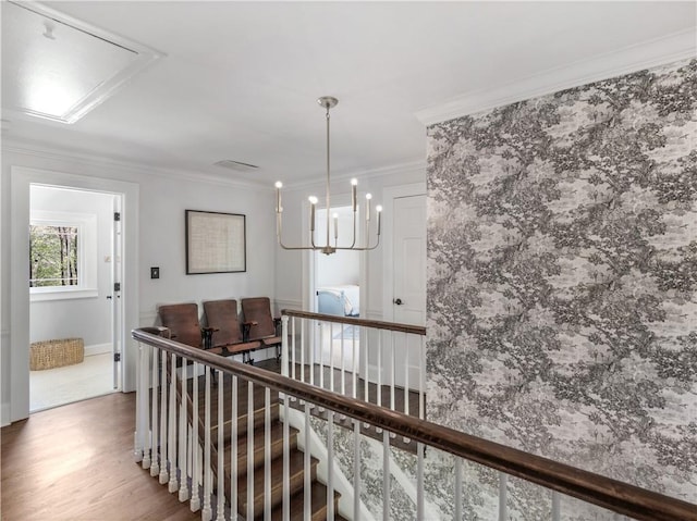 hallway with attic access, wood finished floors, an upstairs landing, an inviting chandelier, and ornamental molding
