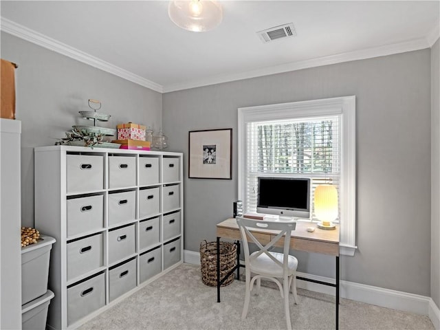 carpeted home office with baseboards, ornamental molding, and visible vents