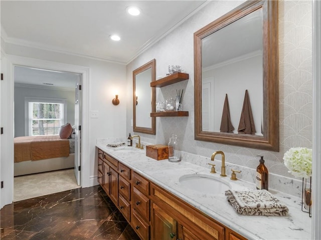 full bath with a sink, marble finish floor, double vanity, and connected bathroom