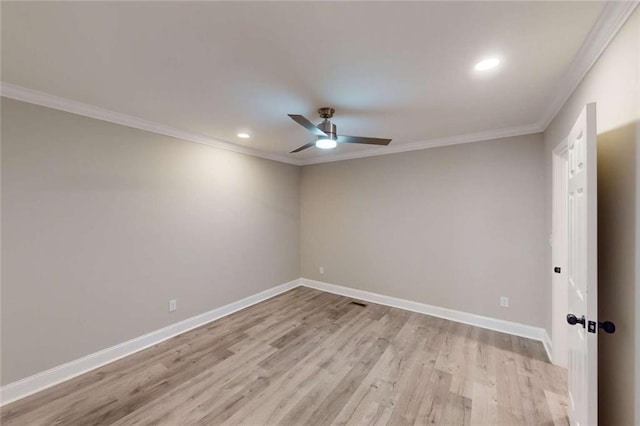 unfurnished room with crown molding, baseboards, light wood-type flooring, recessed lighting, and a ceiling fan