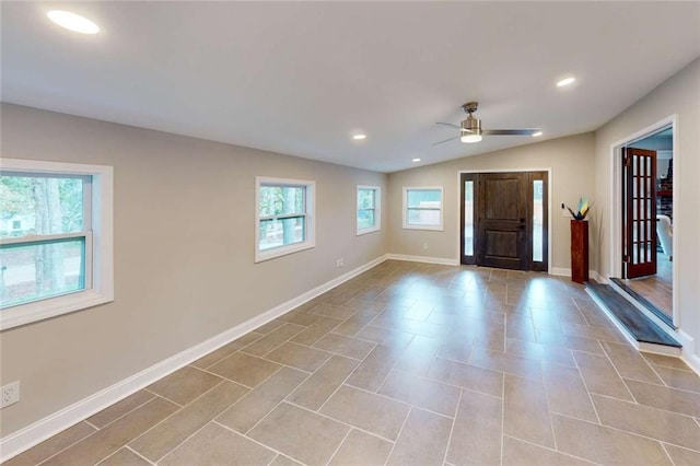 foyer entrance with recessed lighting, a healthy amount of sunlight, baseboards, and ceiling fan