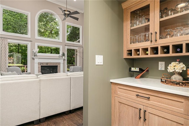 176 Nightwind Trce, Acworth, GA 30101 - bar area featuring ornamental molding, a brick fireplace, dark wood-type flooring, and ceiling fan