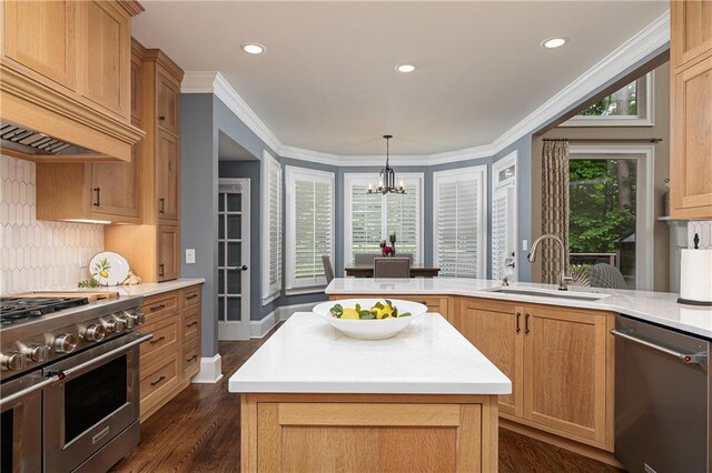 176 Nightwind Trce, Acworth, GA 30101 - kitchen featuring a sink, appliances with stainless steel finishes, a chandelier, dark wood-style floors, and light countertops