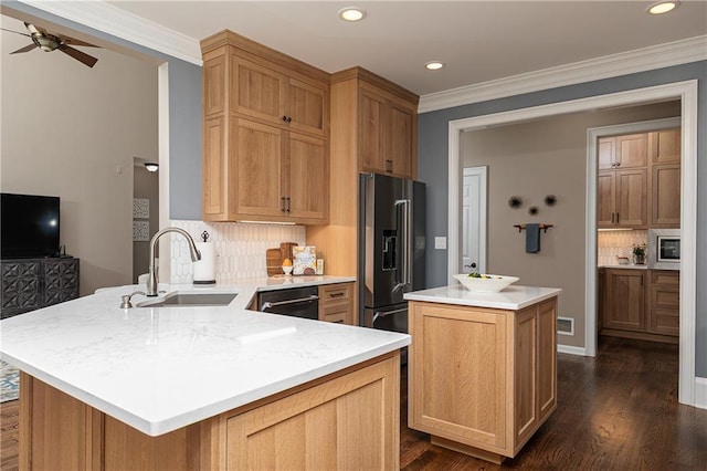 176 Nightwind Trce, Acworth, GA 30101 - kitchen with a sink, dishwasher, a peninsula, ornamental molding, and a ceiling fan