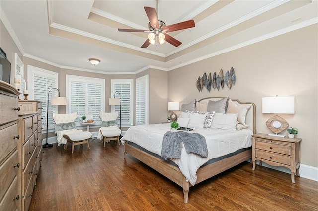 176 Nightwind Trce, Acworth, GA 30101 - bedroom featuring a tray ceiling, dark wood finished floors, ornamental molding, baseboards, and ceiling fan