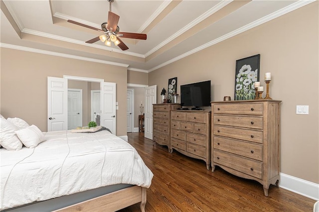 176 Nightwind Trce, Acworth, GA 30101 - bedroom with a raised ceiling, dark wood-type flooring, ornamental molding, baseboards, and a ceiling fan