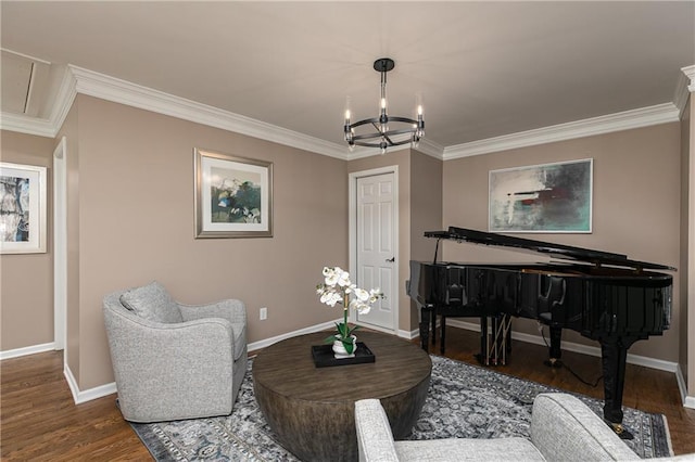 176 Nightwind Trce, Acworth, GA 30101 - sitting room with baseboards, wood finished floors, crown molding, a chandelier, and attic access