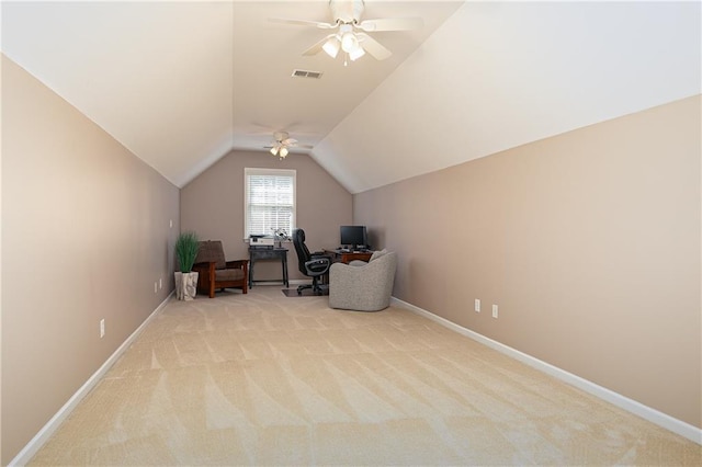 176 Nightwind Trce, Acworth, GA 30101 - office area with ceiling fan, vaulted ceiling, light colored carpet, and baseboards