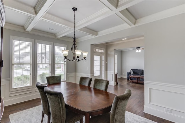 4241 Summer Breeze Way, Buford, GA 30518 - dining area with coffered ceiling, beamed ceiling, dark wood-style flooring, a chandelier, and a wainscoted wall