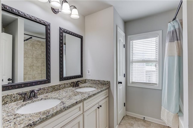 4241 Summer Breeze Way, Buford, GA 30518 - bathroom featuring double vanity, a shower with shower curtain, baseboards, tile patterned floors, and a chandelier