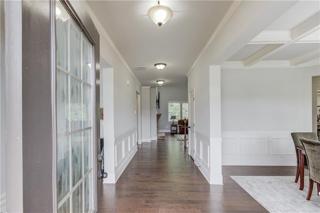 4241 Summer Breeze Way, Buford, GA 30518 - foyer entrance with ornamental molding, dark wood finished floors, a decorative wall, wainscoting, and beamed ceiling