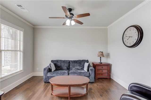 4241 Summer Breeze Way, Buford, GA 30518 - living area with wood finished floors, baseboards, ornamental molding, and ceiling fan