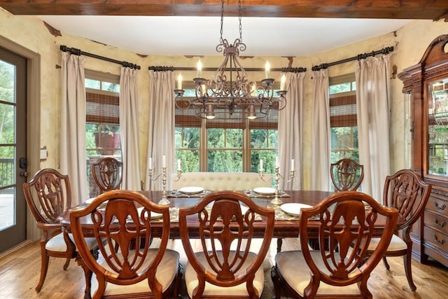 2740 Drayton Hall Dr, Buford, GA 30519 - dining space featuring beamed ceiling, an inviting chandelier, and wood finished floors