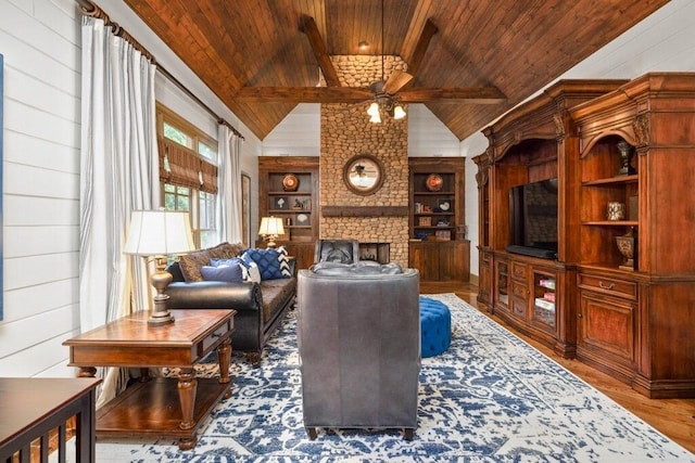 2740 Drayton Hall Dr, Buford, GA 30519 - living room featuring a ceiling fan, wooden ceiling, wood finished floors, a brick fireplace, and built in shelves