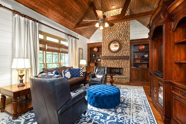 2740 Drayton Hall Dr, Buford, GA 30519 - living room with built in shelves, ceiling fan, wood ceiling, wood finished floors, and a large fireplace