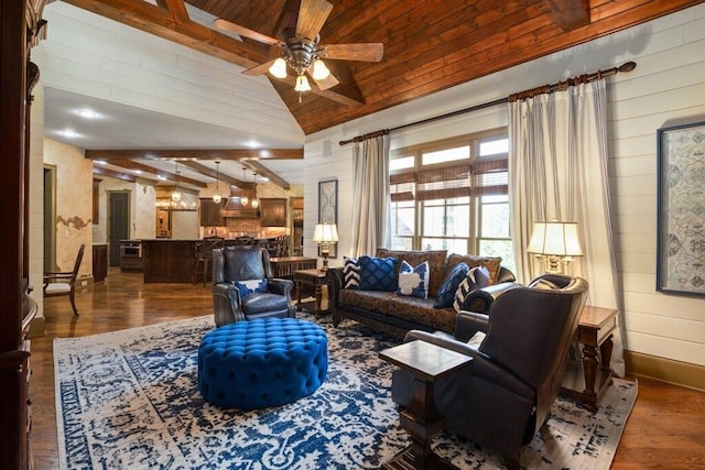 2740 Drayton Hall Dr, Buford, GA 30519 - living area featuring beamed ceiling, ceiling fan, wood ceiling, and dark wood finished floors