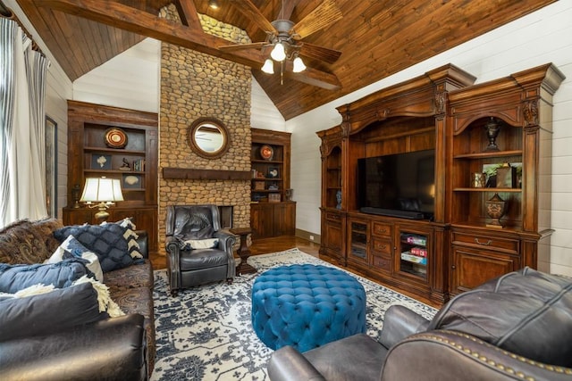 2740 Drayton Hall Dr, Buford, GA 30519 - living area featuring wooden ceiling, a brick fireplace, lofted ceiling with beams, a ceiling fan, and wood finished floors