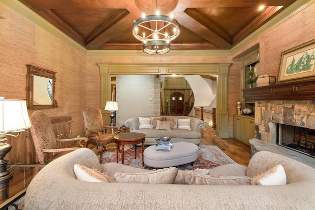 2740 Drayton Hall Dr, Buford, GA 30519 - living area featuring ornamental molding, a stone fireplace, and coffered ceiling
