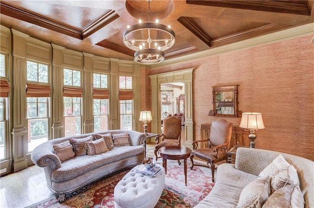 2740 Drayton Hall Dr, Buford, GA 30519 - living area with a chandelier, wood finished floors, crown molding, and coffered ceiling
